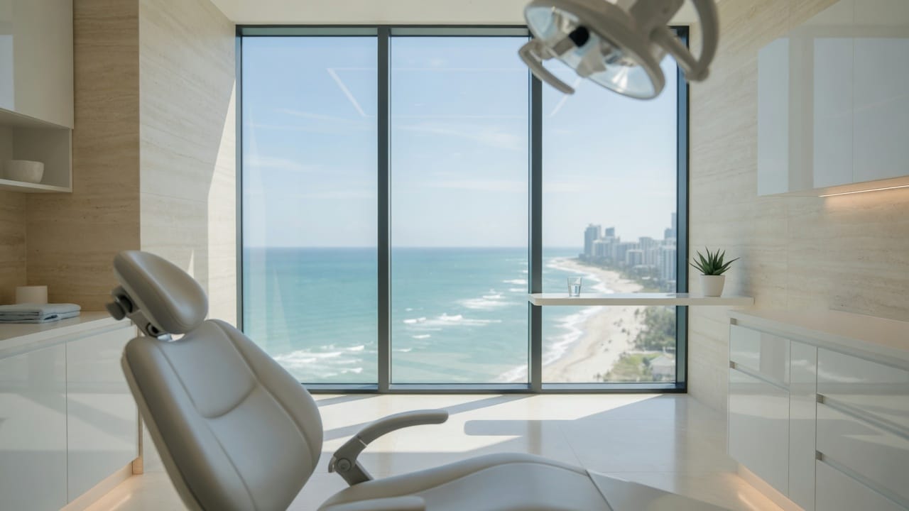 Bright oceanfront dental operatory in Sunny Isles Beach with the coastline beyond the window